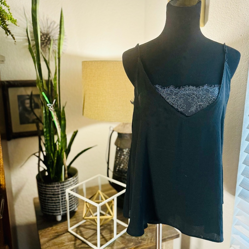 Free People black satin tank with silver/grey lace bralette attached